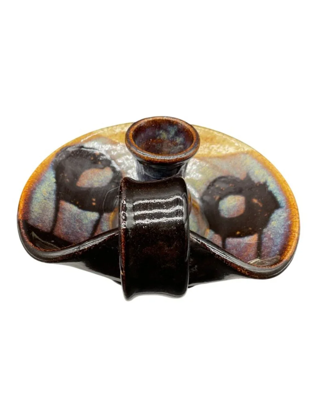 Handmade Ceramic Chamberstick Candle Holder Multicolor Glaze Curve Handle Signed